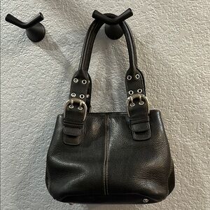 Tignanello Black Leather Shoulder Bag with Silver Hardware